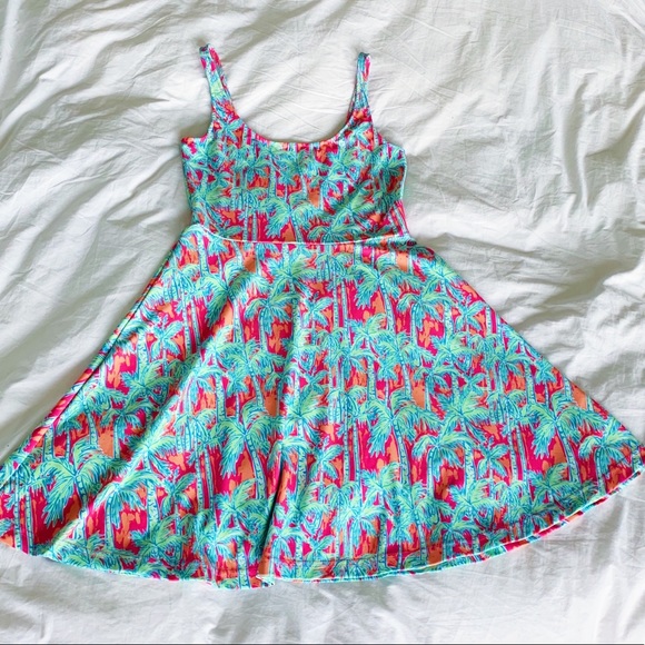 EUC Kaeli Smith Pink Orange And Blue Palm Tree Dress, Size Small - Picture 2 of 6